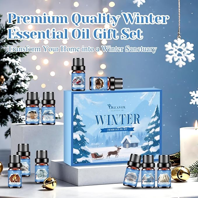 Winter Essential Oils Set, Premium Holiday Fragrance Oil for Diffusers, Scents for Candle & Soap Making,Hot Cocoa, Frosted Fir, Cashmere & Snowflakes and Sleigh Ride More 10x5ml,Aromatherapy Oils - Bloomnest