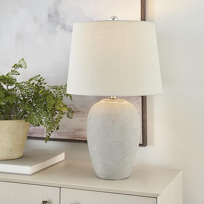 Nourison Home 23" Vintage Grey (White Washed) Ceramic Pot Table Lamp for Bedroom, Living Room, Dining, Office, with Grey Shade - Bloomnest