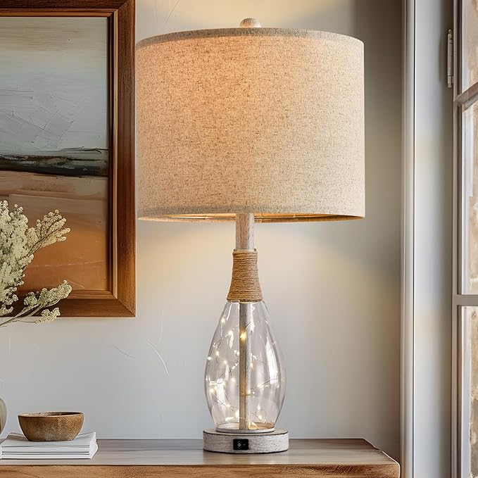 OYEARS 23" USB A+C Table Lamp for Bedroom Living Room Modern Bedside Lamps Retro Farmhouse Rattan Glass Nightstand Nightlight Lamps (White),Two Light Points - Bloomnest
