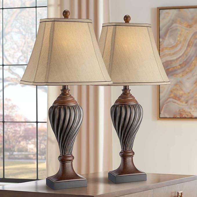 Regency Hill Carved 28 1/2" Tall Urn Traditional End Table Lamps Set of 2 Two-Tone Brown Finish Beige Shade Living Room Bedroom Bedside Nightstand House Office Home Kitchen Entryway Console Family - Bloomnest