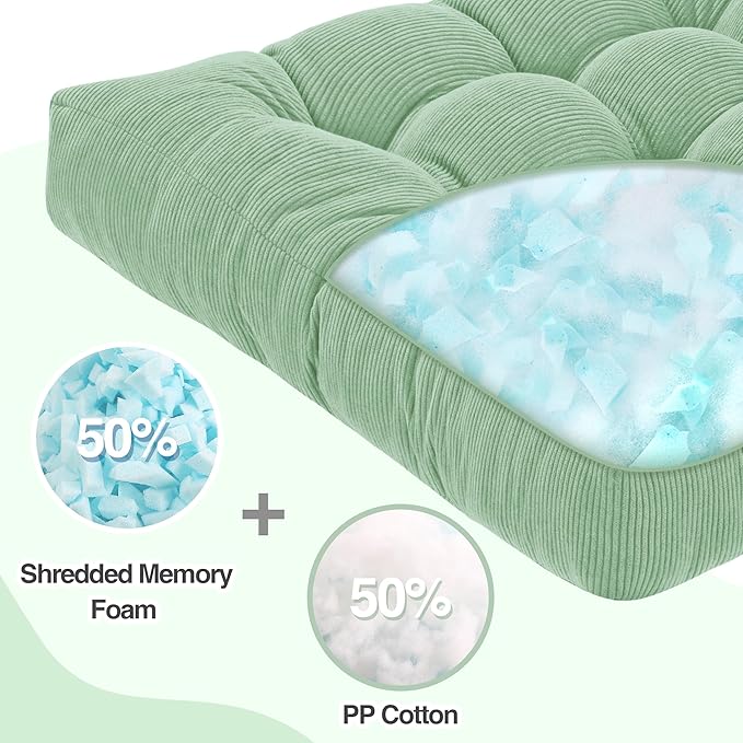 Floor Pillow Cushions for Adults Sitting Large Big Pillows for Floor Seating Square Memory Foam Thick Tufted, 22 x 22 Inch, Set of 2, Green - Bloomnest