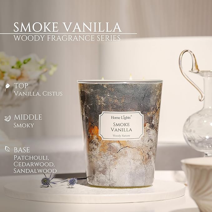 HomeLights Large jar Candle | 3-Wick Long-Lasting Scented Candles, 34oz Natural Soy Wax Candle for Home Scented, Industrial Chic Gifts for Women & Men, Smoke Vanilla - Bloomnest