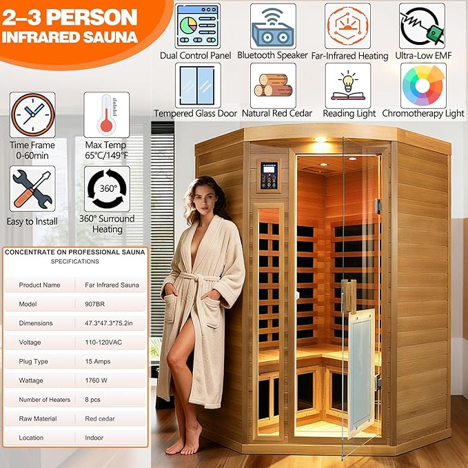 2-3 Person Corner Far Infrared Sauna for Home, 1760W Ultra-Low EMF（0-1mG） Indoor Red Cedar Wood Sauna Room with 8 Heating Panels, Dual Control Panel, Bluetooth Speaker & Chromotherapy Lights KUNSANA