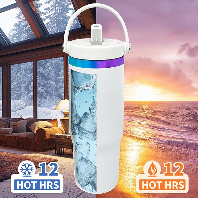 30 oz Tumbler with Handle, Double Wall Vacuum Insulated Tumblers with Flip Straw, Coffee Mug 30oz Powder Coated Cup for Hot and Cold Drinks(Blue Purple Plated, White,4 pack)