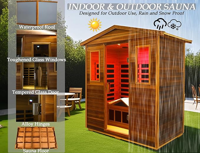 Red Cedar Ultra Low EMF Far Infrared Outdoor Sauna 3 Person with Ergonomic Seat, Mid-IR Beauty Lamp, 1950 W, 7 Infrared Carbon Plate Heaters, Chromotherapy Lamp, Reading Lamp, Bluetooth Speaker KUNSANA