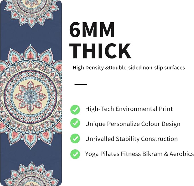 nuveti Yoga Mat Print Extra Thick TPE Non Slip Fitness Exercise Mat with Carrying Bag,72"x24" Extra Thick 6MM Exercise & Workout Mat for Yoga, Pilates Fitness and Floor Exercises - Bloomnest