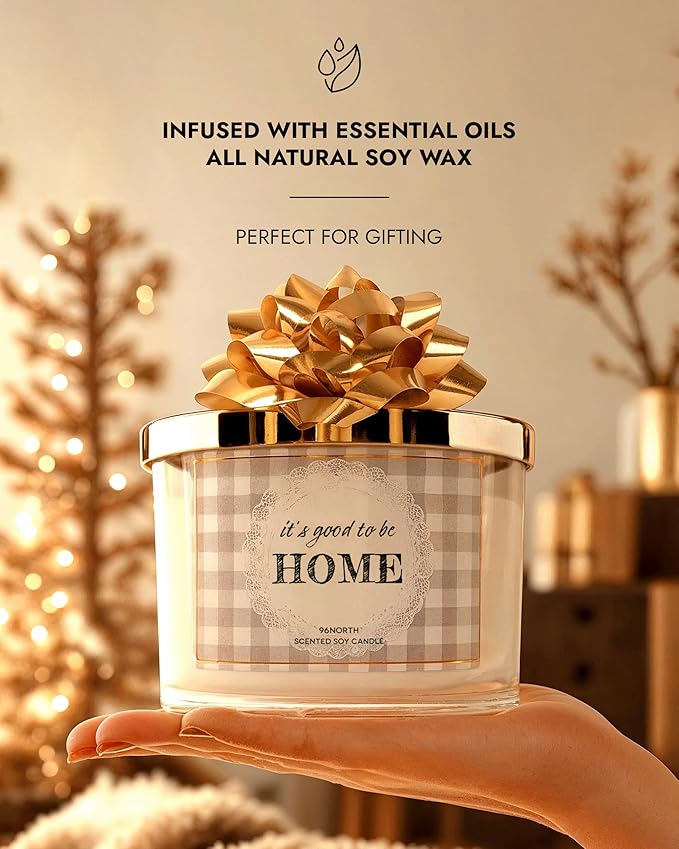 96NORTH Fresh Linen & Soft Amber Candle | Large 3 Wick Jar Candle | 12 Oz Up to 50 Hours Burning Time | 100% All Natural Soy Wax | Relaxing Aromatherapy Candle | Housewarming Gift for Women and Men - Bloomnest
