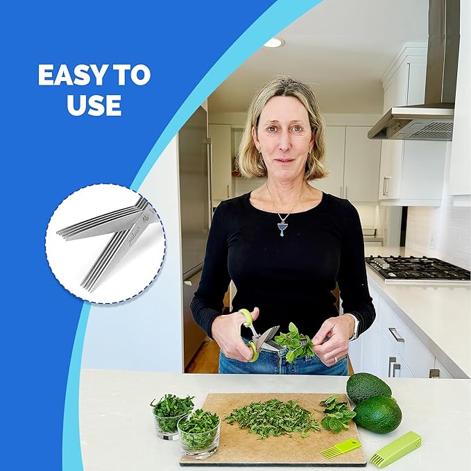 Jenaluca 5 Blade Herb Scissors - Salad Scissors - Cut & Chop Fresh Herbs & Leafy Greens - Stainless Steel Kitchen Shear Set with Cleaning Comb & Safety Cover - Kitchen Gadget - Black - Bloomnest