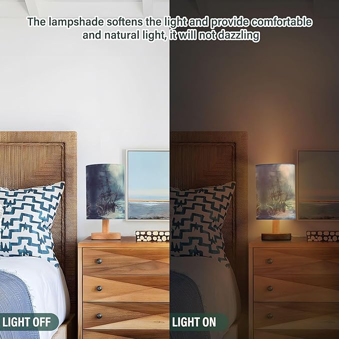 Table Lamp Octopus Pirate Ship Sea Monster Tentacle Sailboat Night Ocean Wave Nightstand Lamp with Wood Base Fabric Lamp Shade Bedside Desk Lamp for Living Room Bedroom Kids Room Office - Bloomnest