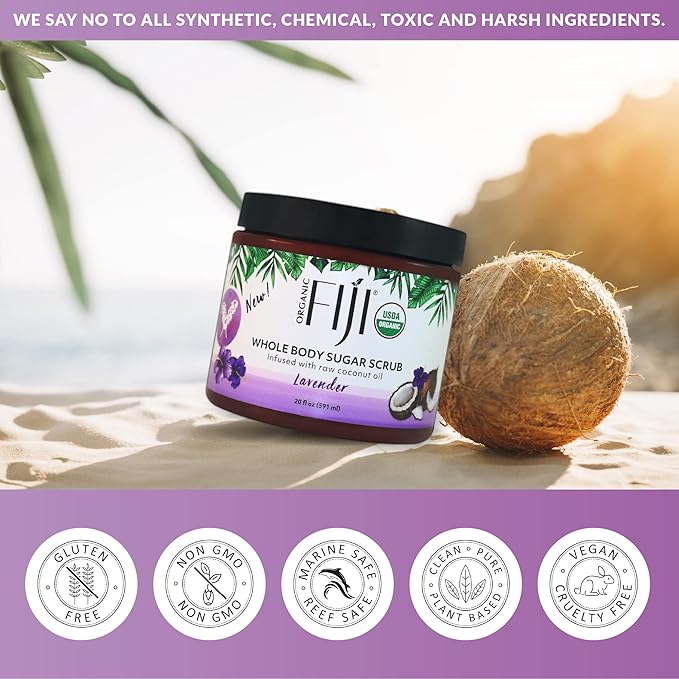 Organic Fiji Whole Body Scrub - Infused with Coconut Oil, Exfoliating Sugar Scrub for Smooth and Soft Skin, Exfoliates & Restores Skin's Natural Biosphere, Lavender 20 oz