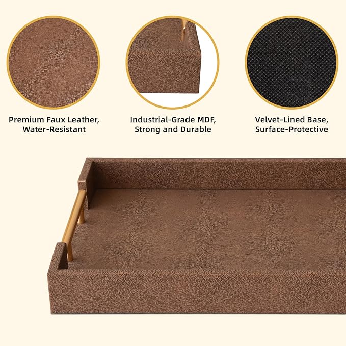 Set of 2 Decorative Tray Brown Shagreen Leather Tray, Modern Rectangle Serving Trays with Gold Polished Metal Handles, Ottoman Coffee Table Perfume Kitchen Trays Home Decor - Bloomnest