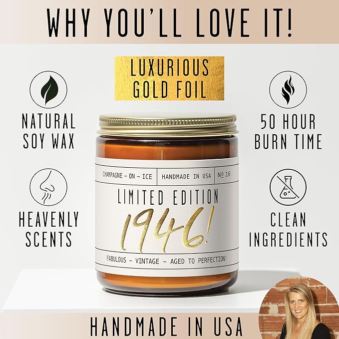 79th Birthday Gifts for Women - 'Limited Edition 1946' Soy Candle, w/Champagne on Ice I 79 Birthday Gifts for Women I 79th Birthday Gift for Her Ideas I 9oz Reusable Jar, 50Hr Burn, Made in USA - Bloomnest