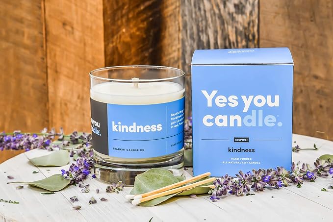 Kindness, Inspirational 8oz Highly-Scented Soy Candle, Made in USA, Great Message, Pure Essential Oils, Aromatherapy, 100% Pure, Bergamot & Eucalyptus - Bloomnest