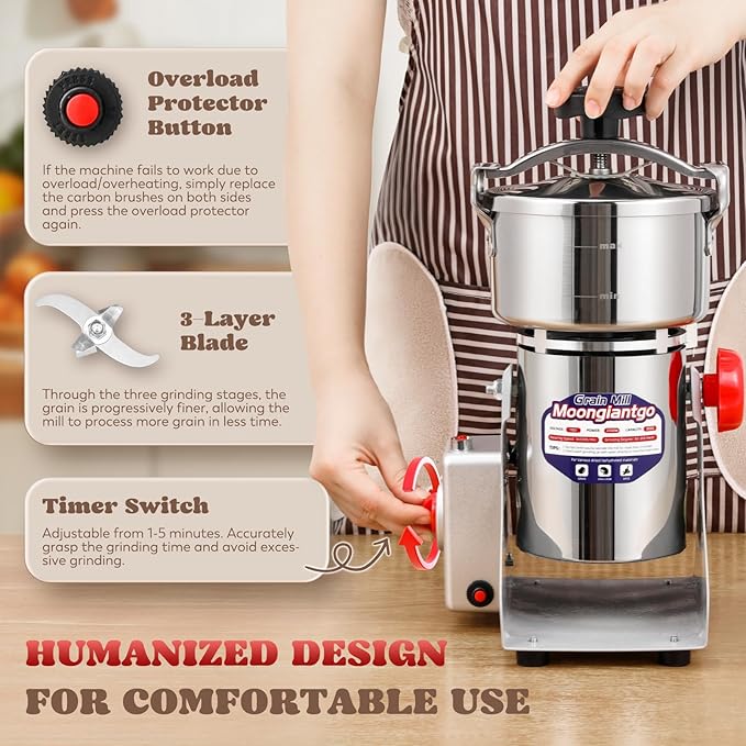 Moongiantgo Upgraded Spiral Seal Grain Mill Grinder Electric 800g 2500W High Speed Spice Grinder Pulverizer Dry Grinding Machine for Dry Cereal Bean Corn Wheat Herbs, with 4 Set Blades (800g, 110V) - Bloomnest
