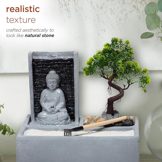 Alpine Corporation DIG278 13" Indoor/Outdoor Tabletop Fountain with LED Lights, Buddha Bonsai Garden Water Feature for Home, Patio & Desk Décor, Gray - Bloomnest