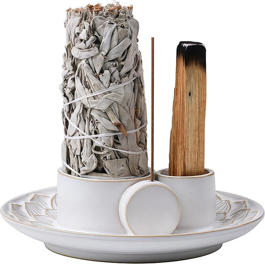 4 in 1 Incense Holder, Ceramic Incense Stick and Palo Santo Holder,Sage Holder for Burning- 5.5" Ceramic Ash Catcher Tray for Meditation and Yoga Room (White) - Bloomnest