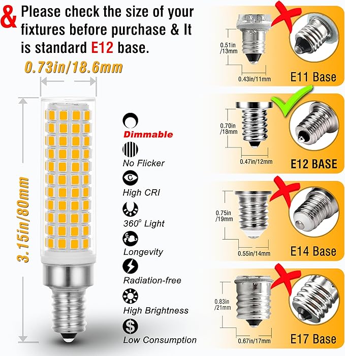 ALIDE Dimmable E12 100 Watt Equivalent LED Candelabra Bulbs C7,2700K Warm White,1000LM T6 E12 10W LED Ceil Fan Light Bulbs for Chandelier Pendant Lighting Salt Lamp,5 Pack - Bloomnest