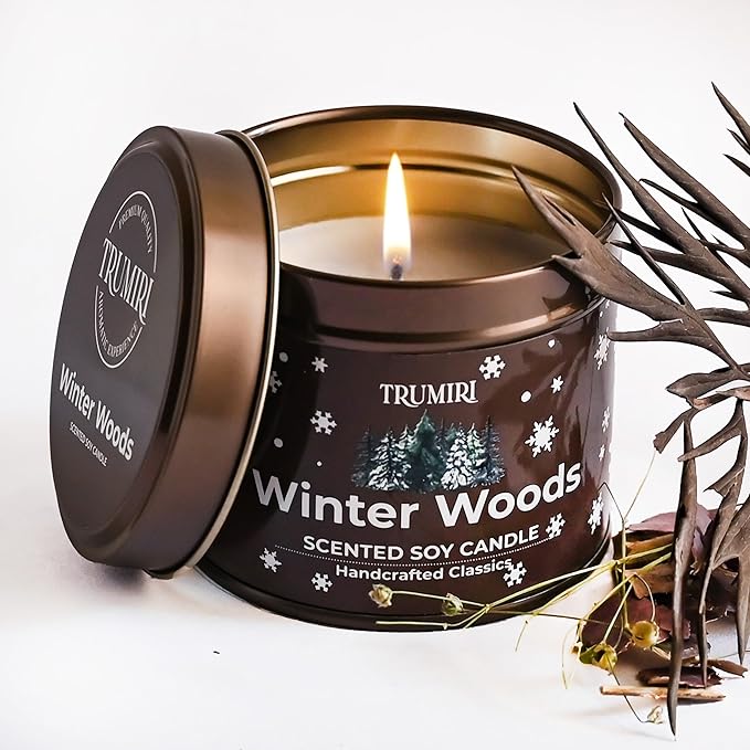 Winter Woods - Soy Candles for Home Scented - for Fall Christmas Holidays - 5oz Natural Clean Non Toxic - Long Lasting Highly Scented Pet Safe Luxury Tin - Velas Aromáticas Para el Hogar - Pine Candel TRUMIRI