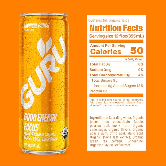 GURU Organic Energy Drinks Variety Pack, Clean Energy Drink with Plant Based Natural Caffeine from Green Tea, Gluten Free and Vegan, 140MG Caffeine, Healthy Drinks, 12 oz (Pack of 12) - Bloomnest