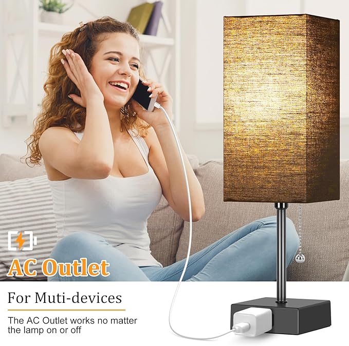 Table Lamp for Bedroom set of 2,3-Color Bedside Lamps with Pull Chain Table Lamps for Nightstand with AC Outlets, Night Light Lamps with 2 Bulbs Lamps for Living Room Kids Office Decor（Black） - Bloomnest
