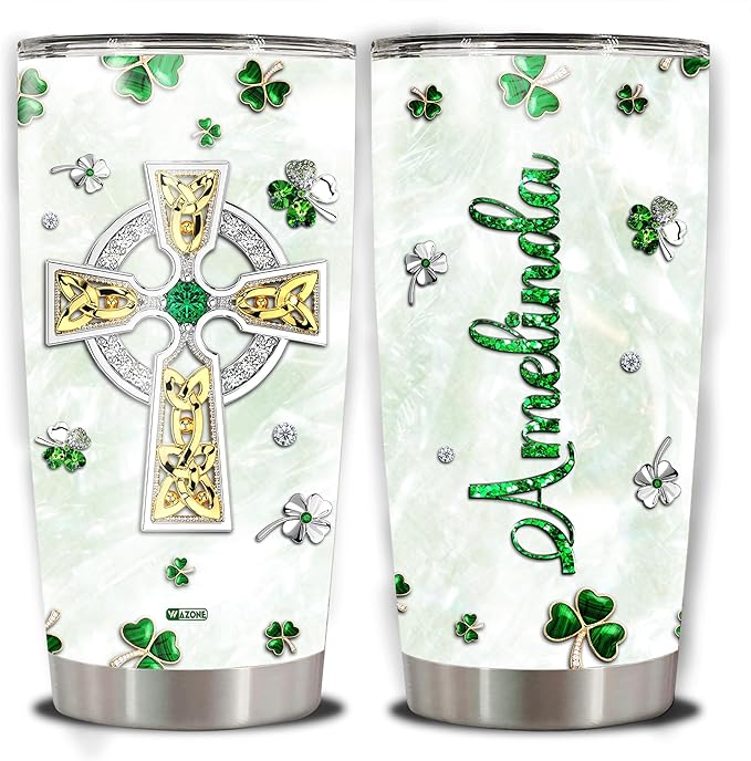 WAZONE Personalized St Patricks Day Tumbler With Lid Custom Name Stainless Steel Insulated Travel Mug Customized Gifts Green Shamrock Triquetra Celtic Knot Cross Ireland For Women Christian - Bloomnest