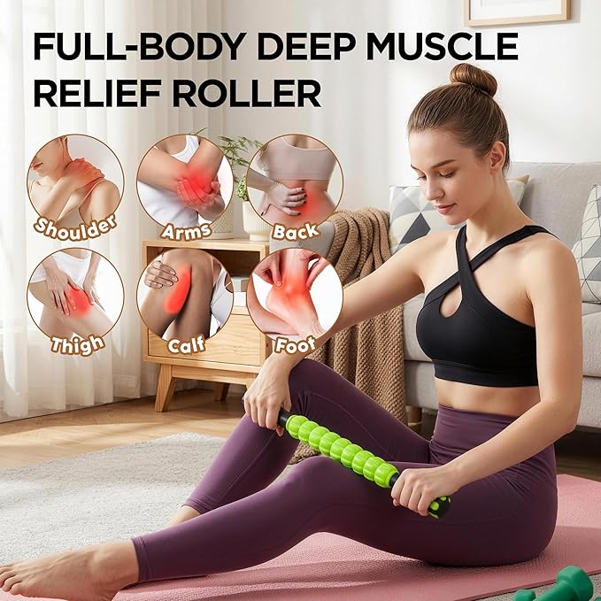 Muscle Roller & Massage Roller Stick for Athletes - Lymphatic Drainage Support, Relieves Muscle Soreness, Cramping & Tightness - Targets Legs, Arms, Back & Calves （Green - 18inch） - Bloomnest