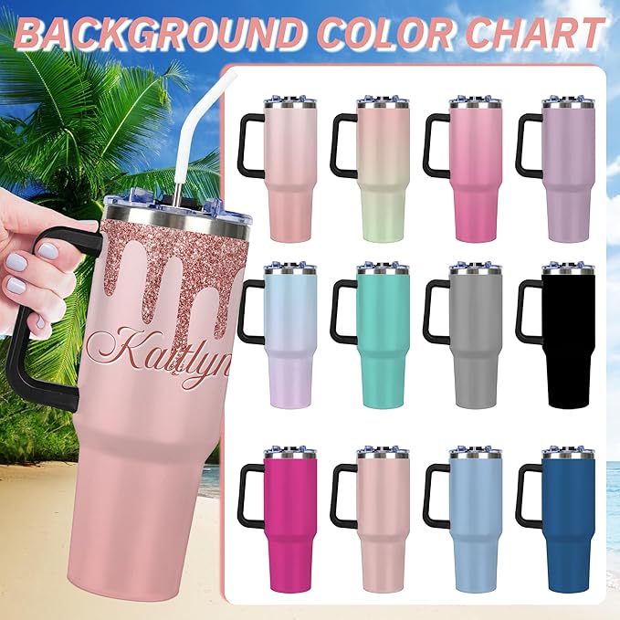 Personalized Glitter Tumbler with Handle and Straw Lid, Custom 40 Oz Cup with Name for Women, Customized Stainless Steel Travel Coffee Tumbler, Personalized Gifts for Birthday Christmas Anniversary - Bloomnest