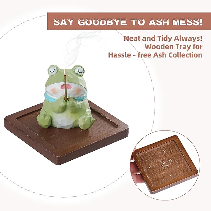 Lionpower Incense Holder for Sticks with Burner & Ash Catcher - Resin Frog, Wooden Tray, 10 Incense Sticks for Meditation Yoga Spa, Cute Home Decor Room Accessories (Frog)