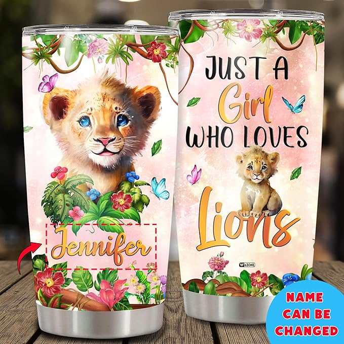 WAZONE Personalized Lion Tumbler Customized Name Just A Girl Who Loves Lions Flowers Cute Animal Print Travel Mug 20 30 oz Vacuum Insulated Stainless Steel Coffee Cup With Lid Gift For Women - Bloomnest