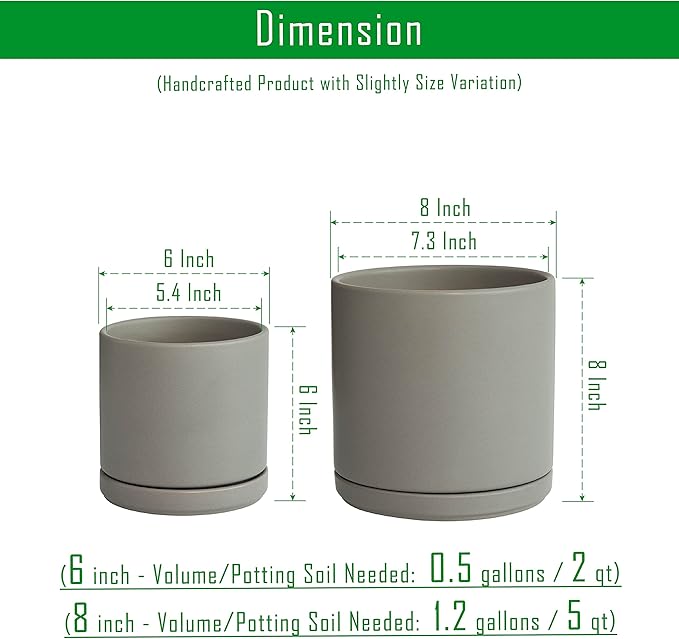 D'vine Dev 6 Inch & 8 Inch Ceramic Planter Pots for Plants with Drainage Hole and Saucer, Medium Plant Pots Set, Grey, 94-G-M-3 - Bloomnest