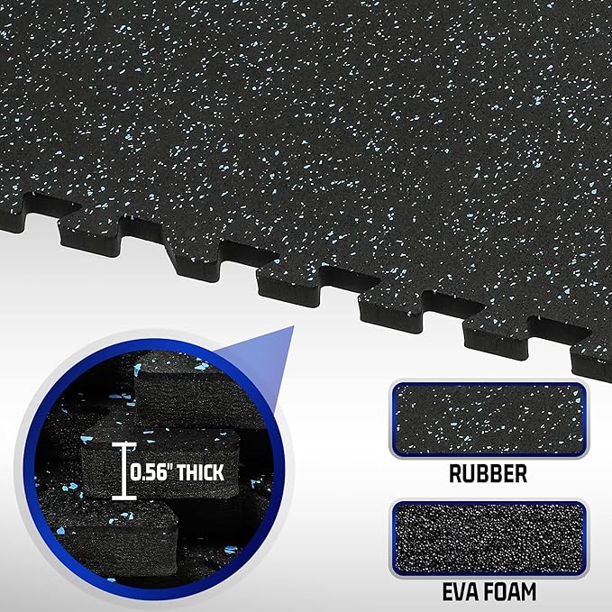 SUPERJARE 0.56'' Thick 48 Pcs 192 Sq Ft Rubber Top Exercise Equipment Mats, High Density EVA Foam Mats with Rubber Top, Interlocking Gym Flooring for Home Gym, Protective Workout Mat, Black/Blue - Bloomnest