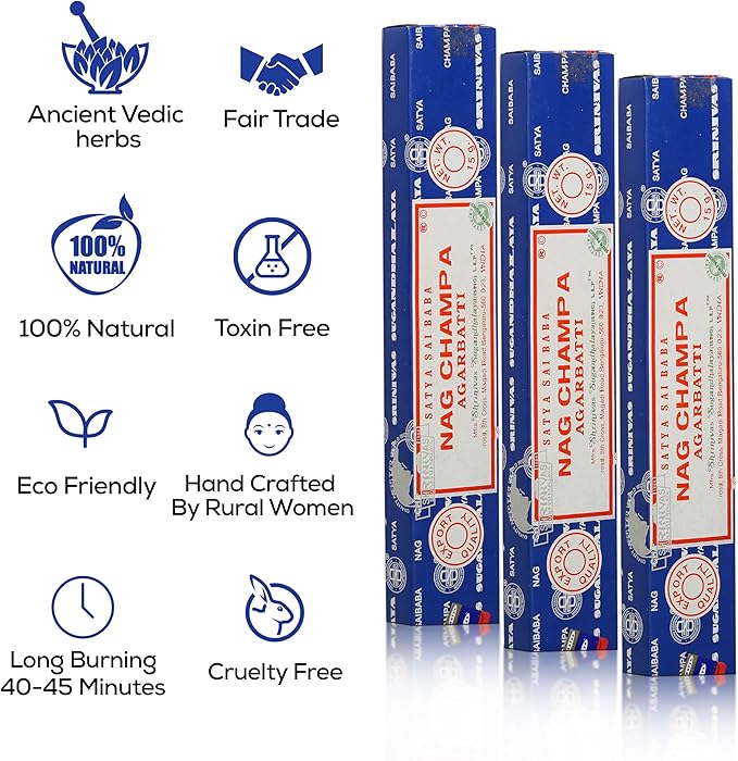 Satya Nagchampa Incense Sticks, Satya Bng (Bangalore) Insenses 15gmx12 Pack with Raajsee Incense Holder Bundle, Satya Nagchampa Natural Incense - Bloomnest