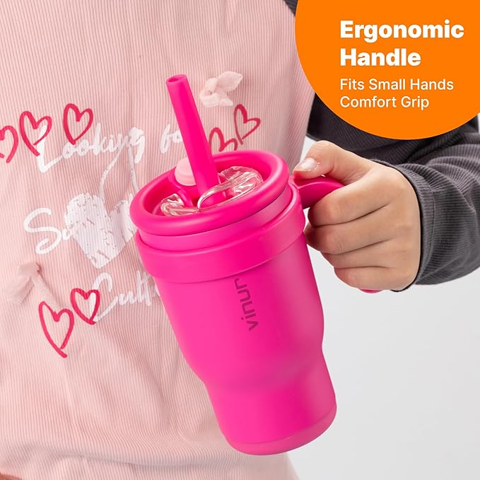 VINUR 14 oz Kids Tumbler with Handle Stainless Steel Double Wall Vacuum Insulated Tumbler Travel Water Drink Cup with Lid and Straw(Rose Pink) - Bloomnest