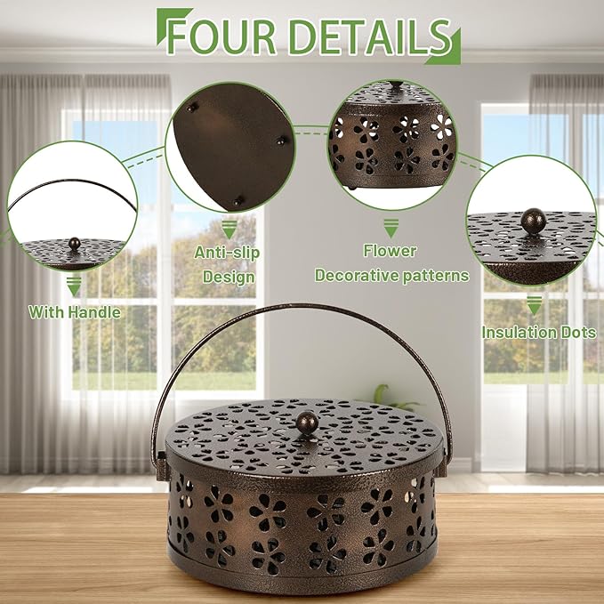 Portable Iron Mosquito Coil Holder with Handle Round Heat-Resistant Incense Holder (2 Pack Bronze) - Bloomnest