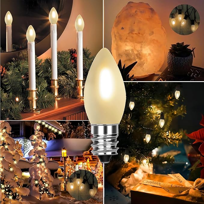C7 LED Frosted Christmas Light Bulb,25 Pack 0.6W C7 LED Replacement Lights Bulbs with E12 Base,Frosted White 2700K Shatterproof Vintage Bulbs for Chandeliers Candle Christmas String Lights - Bloomnest
