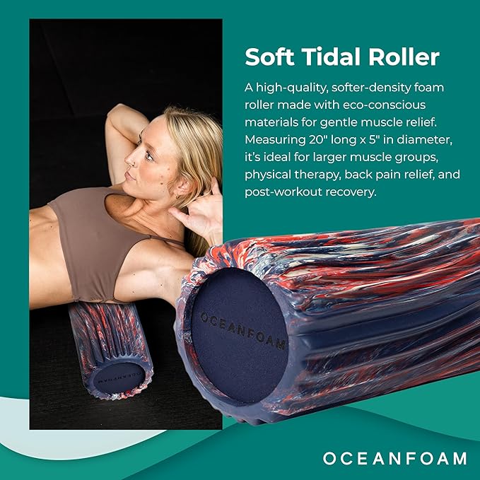 Oceanfoam Soft Tidal Roller (Dark Navy, Red and Natural Marbled) - Low Density Foam Roller for Physical Therapy, Back Pain, Exercise & Stretching - Wave Textured - Yoga, Wellness - Full Size, 20" x 5" - Bloomnest