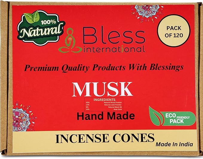 Bless International Musk 100%-Natural-Incense-Cones Handmade-Hand-Dipped Organic-Chemicals-Free for-Purification-Relaxation-Positivity-Yoga-Meditation The-Best-scents (120 Count) BlessInternational