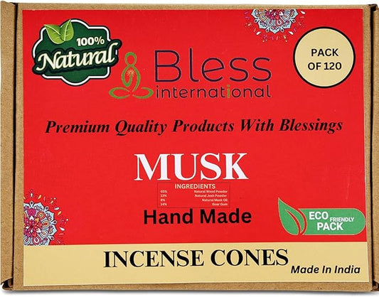 Bless International Musk 100%-Natural-Incense-Cones Handmade-Hand-Dipped Organic-Chemicals-Free for-Purification-Relaxation-Positivity-Yoga-Meditation The-Best-scents (120 Count) BlessInternational
