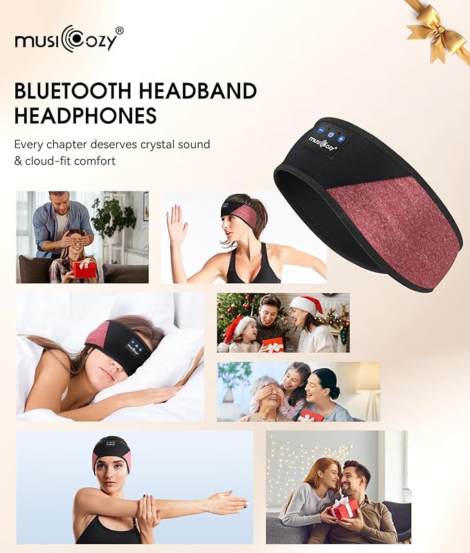 MUSICOZY Sleep Headphones Bluetooth 5.4 Headband, Wireless Earphones Music Sleep Earbuds Sleeping Eye Mask with HD Stereo Speakers for Workout Running Travel Yoga, Ideal Gifts (Red & Black) - Bloomnest