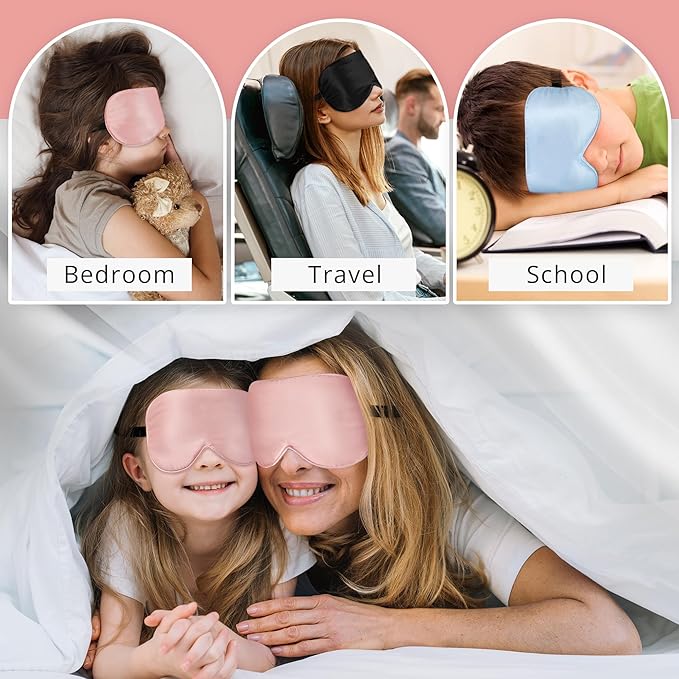 Silk Sleep Mask Eye Cover, 100% Real Natural Silk Eye Mask for Sleeping with Adjustable Strap, 100% Silk Filling Blindfold, Eye Shade for Kids/Teens/Adults, Sleeping Masks for Family (2 Pink) - Bloomnest