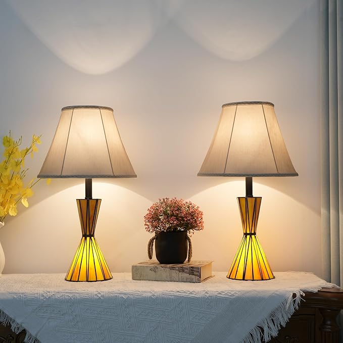 20" Glass Table Lamps Set of 2 with Stained Glass Night Lights 3-Way Dimmable Bedside Lamps for Bedroom Study Room Home Office Bar (Bulbs Included) - Bloomnest