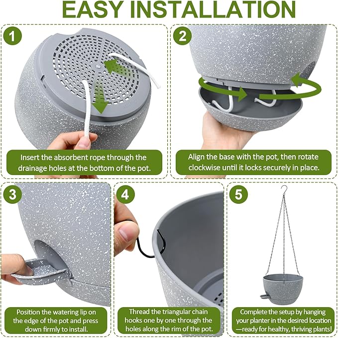 WOUSIWER Self Watering Hanging Planters, 2 Pack 10'' Plastic Pots with Drainage Holes & Reservoir Tray (Speckled Grey) | Indoor & Outdoor Use for Ferns, Ivy, Herbs, Succulents - Bloomnest