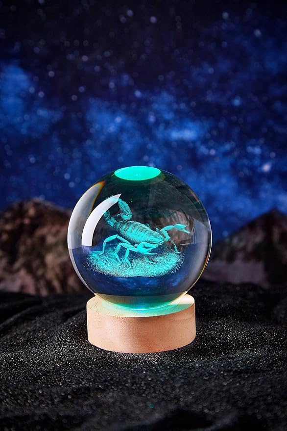 3D Large Scorpion Crystal Ball Night Light with Wooden Base, Crystal Lamp Gift for Kids Friends, 16 Color Change with Remote Control, Laser Engraved Glass Ball Lamp Halloween Decor (Scorpion) - Bloomnest