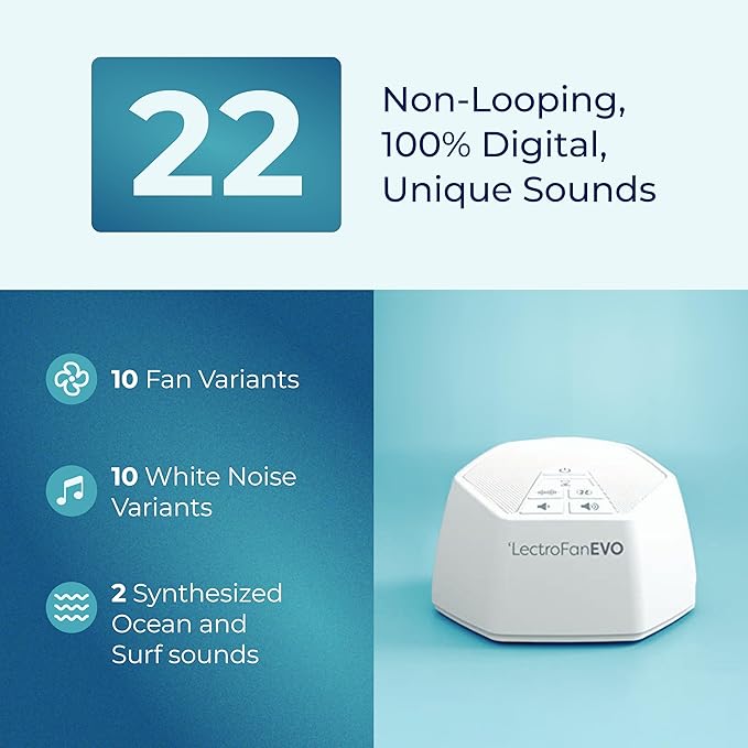Adaptive Sound Technologies LectroFan EVO White Noise Machine - Compact Sleep Sound Machine for Bedroom, Travel, Study & More - 22 Non-Looping Fan, White & Ocean Noise Variations - White - Bloomnest