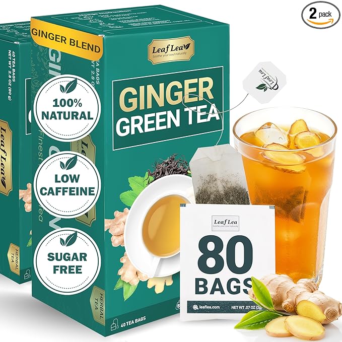 LeafLea Green Tea with Ginger, 80 Tea Bags (2 Packs), Natural Green Tea with Ginger Root, Lightly Sweetened with Stevia, Supports Digestion and Immunity, Low Caffeine, Non-GMO, Gluten-Free - Bloomnest