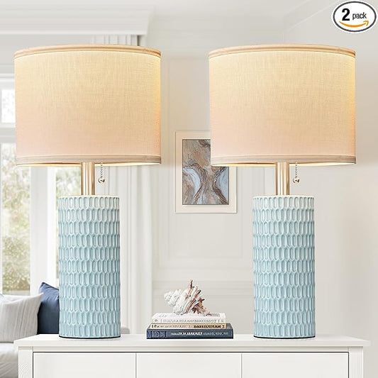 Table Lamps for Living Room Set of 2, Ceramic Table Lamps for Bedroom, 20" Modern Lamps for Night Stands, Blue - Bloomnest