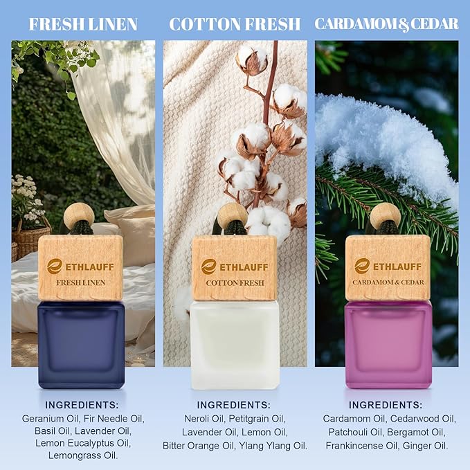 Car Air Freshener Hanging, 3 Pcs Cotton Fresh, Fresh Linen, Cardamom & Cedar, Car Scent Air Fresheners Diffuser for Car, 45+ days Long Lasting Fragrance, 0.27 FL OZ/8ML - Bloomnest