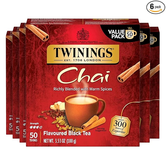 Twinings Chai Black Tea Individually Wrapped Bags, 50 Count (Pack of 6), Sweet, Savoury Spices, Caffeinated, Enjoy Hot or Iced, 300 Teabags - Bloomnest