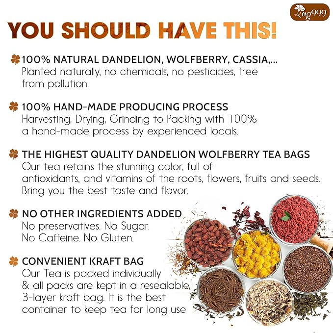 TOG999, Organic Dandelion Wolfberry Tea, 9 Herbal Ingredients, Traditional Recipe Tea for Kidney & Liver, Natural Dandelion, Wolfberry, Gardenia, Cassia Seed, Chrysanthemum, Licorice, Orange Peel (30 Bags) - Bloomnest