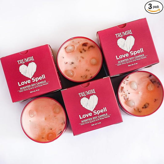 Love Spell - Scented Candles for Women & Men with Rose Petals and Crystals - Pack of 3 x 5oz Soy Clean Organic Non Toxic - Velas Aromáticas - Aromatherapy Spa Valentines Gift Candel TRUMIRI
